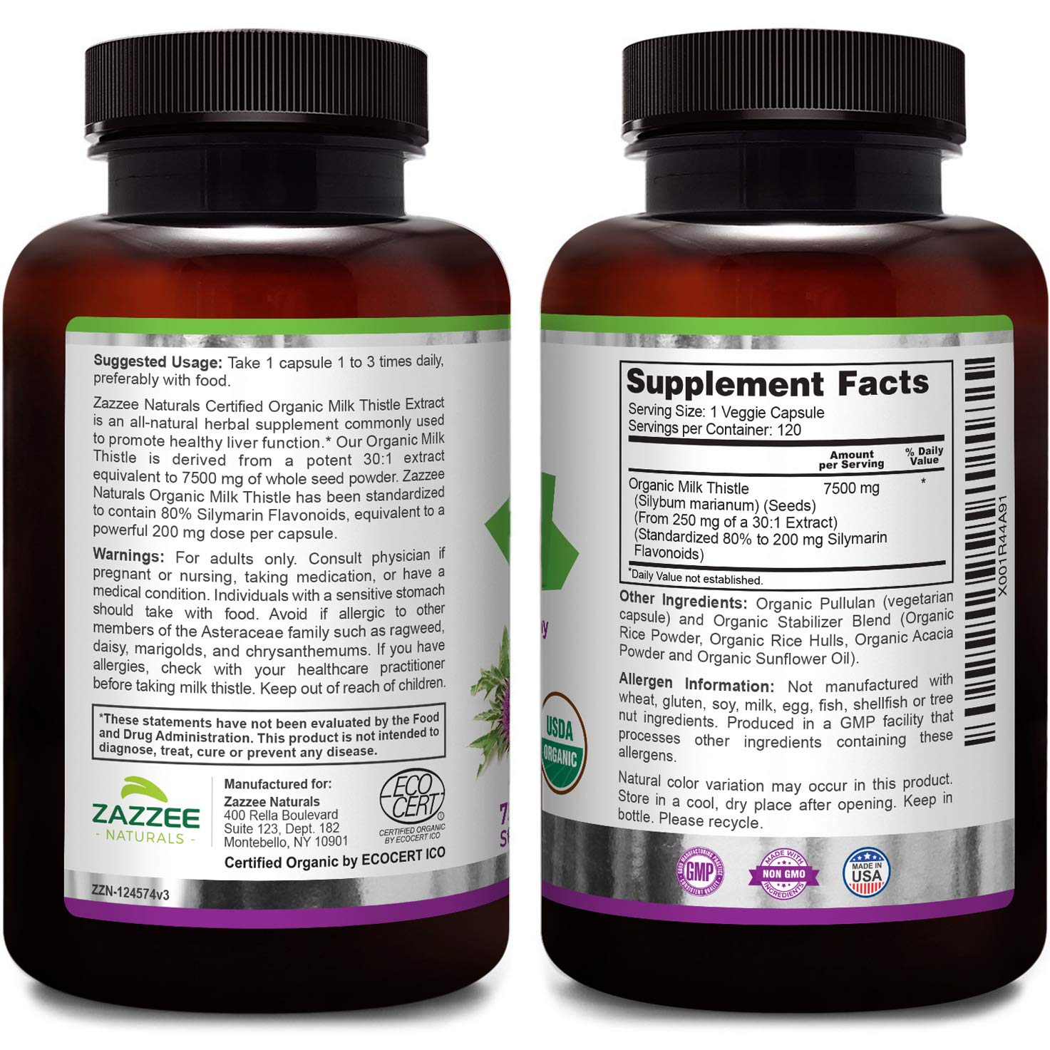 Zazzee USDA Organic Milk Thistle Extract Capsules, 120 Count, Vegan, 7500 mg Strength, 80