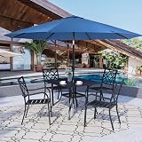 Crownland 5 Piece Outdoor Dining Set, Patio Metal Dining Sets, 4 Stackable Metal Chairs and Square Outdoor Dining Table with Dark Blue 9FT Round Outdoor Umbrella, for Backyard, Garden (Classic Black)