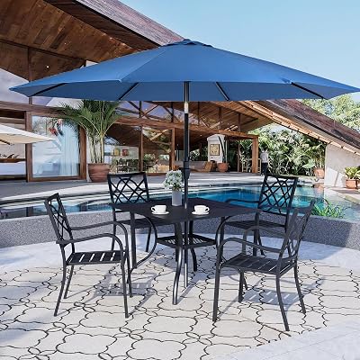 Crownland 5 Piece Outdoor Dining Set, Patio Metal Dining Sets, 4 Stackable Metal Chairs and Square Outdoor Dining Table with Dark Blue 9FT Round Outdoor Umbrella, for Backyard, Garden (Classic Black)