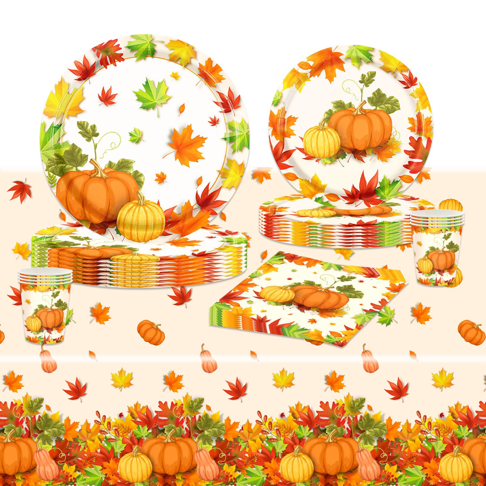 POPOYU 69-Piece Party Tableware Set, Autumn Decor with 137x274cm Tablecloth, Napkins, Paper Cups & Plates for Harvest & Thanksgiving Home Party