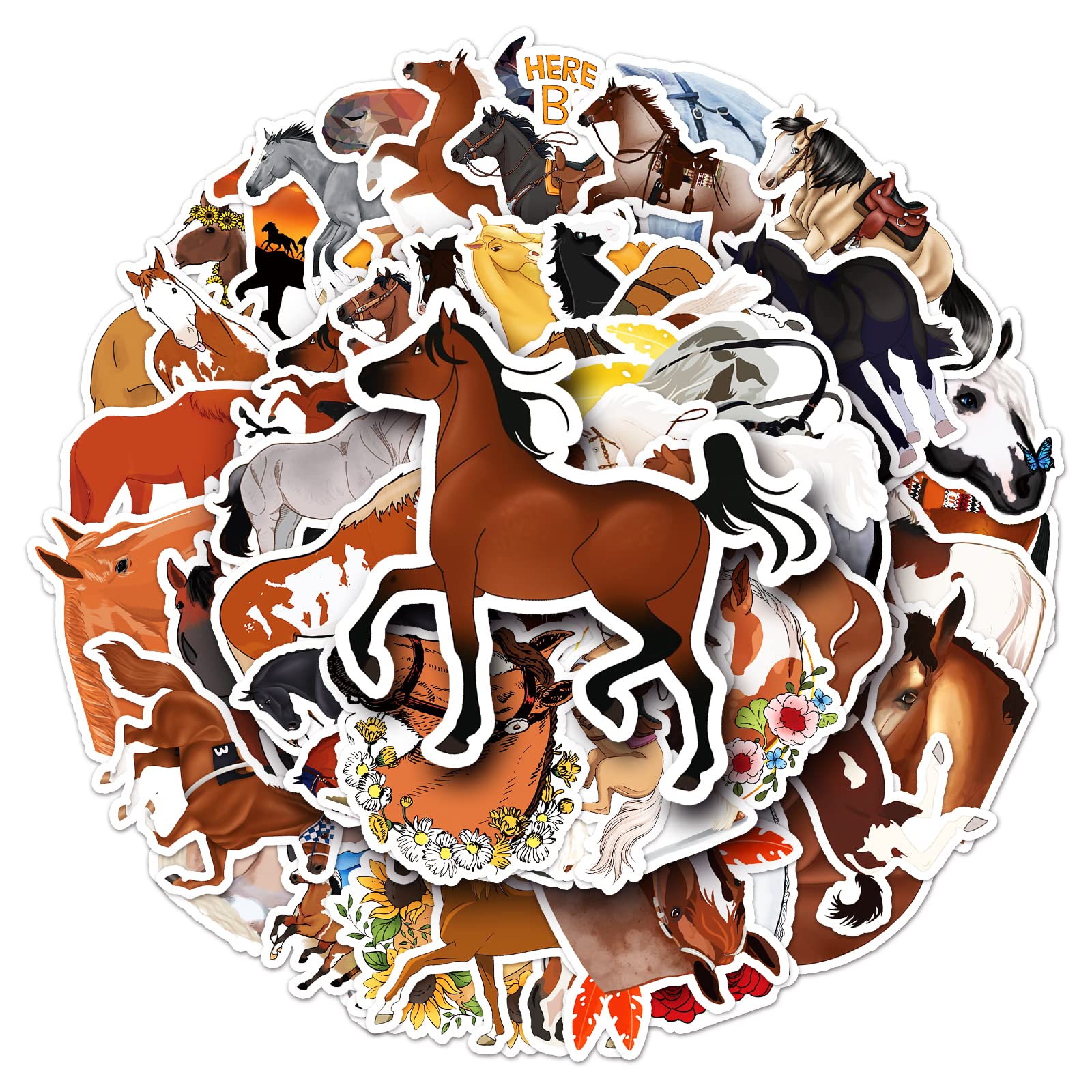 Adkumil 50 Pcs Horse Stickers Vinyl Animal Pony Stickers for Skateboard Water Bottle Laptop Luggage Guitar Travel Case Bike,Cute Trendy Waterproof Horse Riding DIY Decorations for Teens Adults Boys