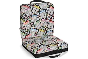 BINGO INNOVATION Classic Bingo Pattern Seat Cushion – Extra Thick 3” Bingo Pillow with Strap, Storage Pouch & Handles – Comfortable Folding Chair Cushion for Bingo Nights