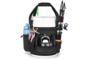 GOBUROS Fishing Bucket Organizer for 5 Gallon Bucket, Fishing Bucket Caddy with Adjustable Buckle, Rod and Plier Holder and Multi-Pockets for Fishing Gear (Bucket not Included)