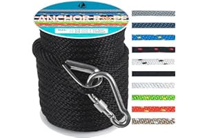 DEDU Anchor Rope 50 Ft 3/8 in, Premium Solid MFP Braid Anchor Line with Heavy Duty 316 Stainless Steel Thimble & Snap Hook, Boat Anchor Rope Marine Rope for Anchor and Boat - Black