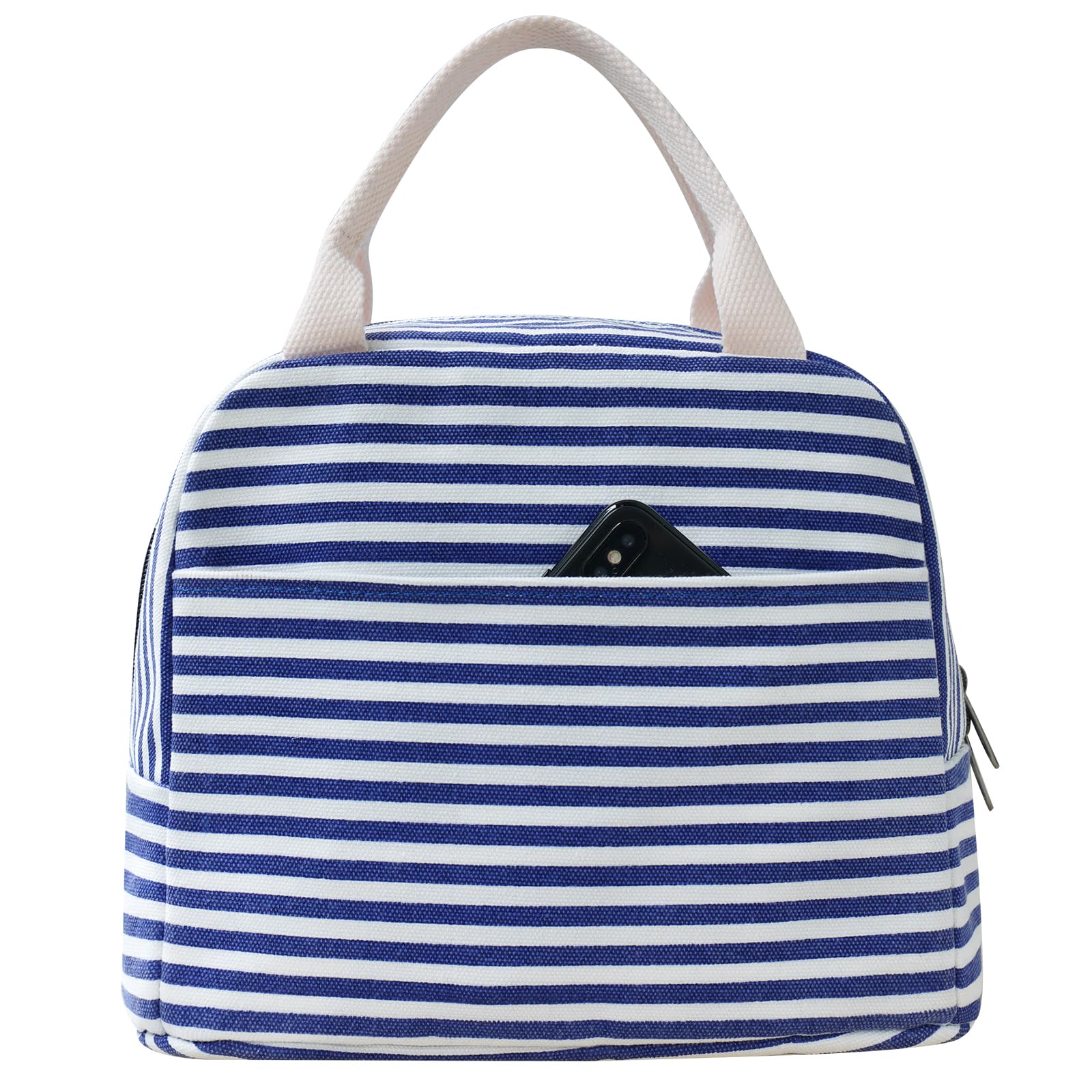 EurCross Blue White Stripes Lunch Bag for Adult Women Girls,Canvas Medium Insulated Cool Lunch Tote Box Bag for Work for School