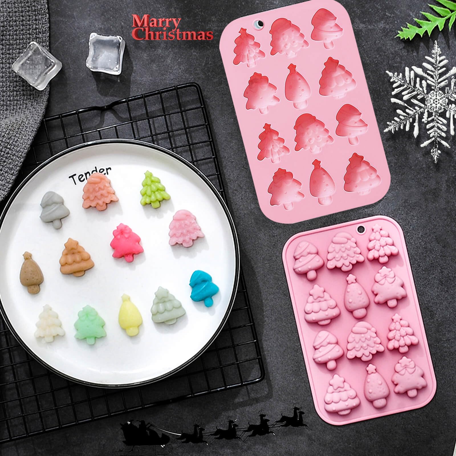 3 Pack Christmas Silicone Baking Mold, Christmas Tree Holiday Silicone Molds Soap Candy Molds for Chocolate Jello Snowman Gingerbread Snowflakes Socks Bells Santa Baking Mold (Xmas-Pink)