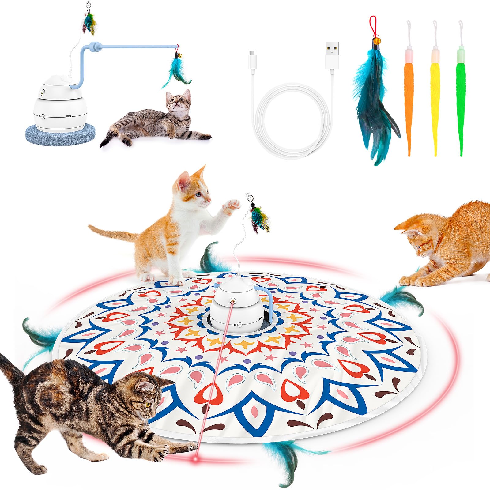 Tyasoleil 4 in 1 Smart Cat Toys, Interactive Cat Toys, Cat Toys for Indoor Cats Adult, Upgrade Motor, Automatic Cat Toy - 3 Modes Indoor Cat Toys, Electronic Cat Feather Kitten Toy, Blue