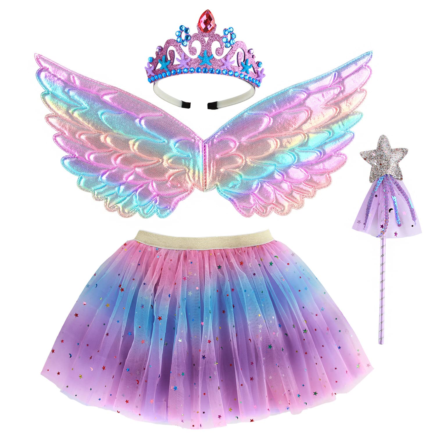 M MUNCASO Girls Fairy Costume Tutu Fairy Set Fancy Dress Up Angel Costume Sets Kids Princess Dress Tulle Tutu Skirt Set with Angel Wings, Magic Wand, Crown Headband Sets for 3-8 Years Girls (Purple) — image 1