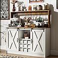 4ever2buy Farmhouse Coffee Bar Cabinet with 9 Wine Racks and 6 Hooks, 47 Inch Coffee Bar Cabinet with Storage, White Kitchen Coffee Cabinet with Hutch and Sliding Barn Door for Living Dining Room