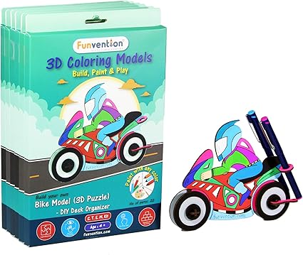 Funvention Bike - 3D Coloring Model (Pack of 6) - DIY Desk Organizer Pen Stand - STEM Leanring 3D Puzzle Toy - Art, Coloring and Painting Kit for Kids - Birthday Return Gift, Kids Party Pack