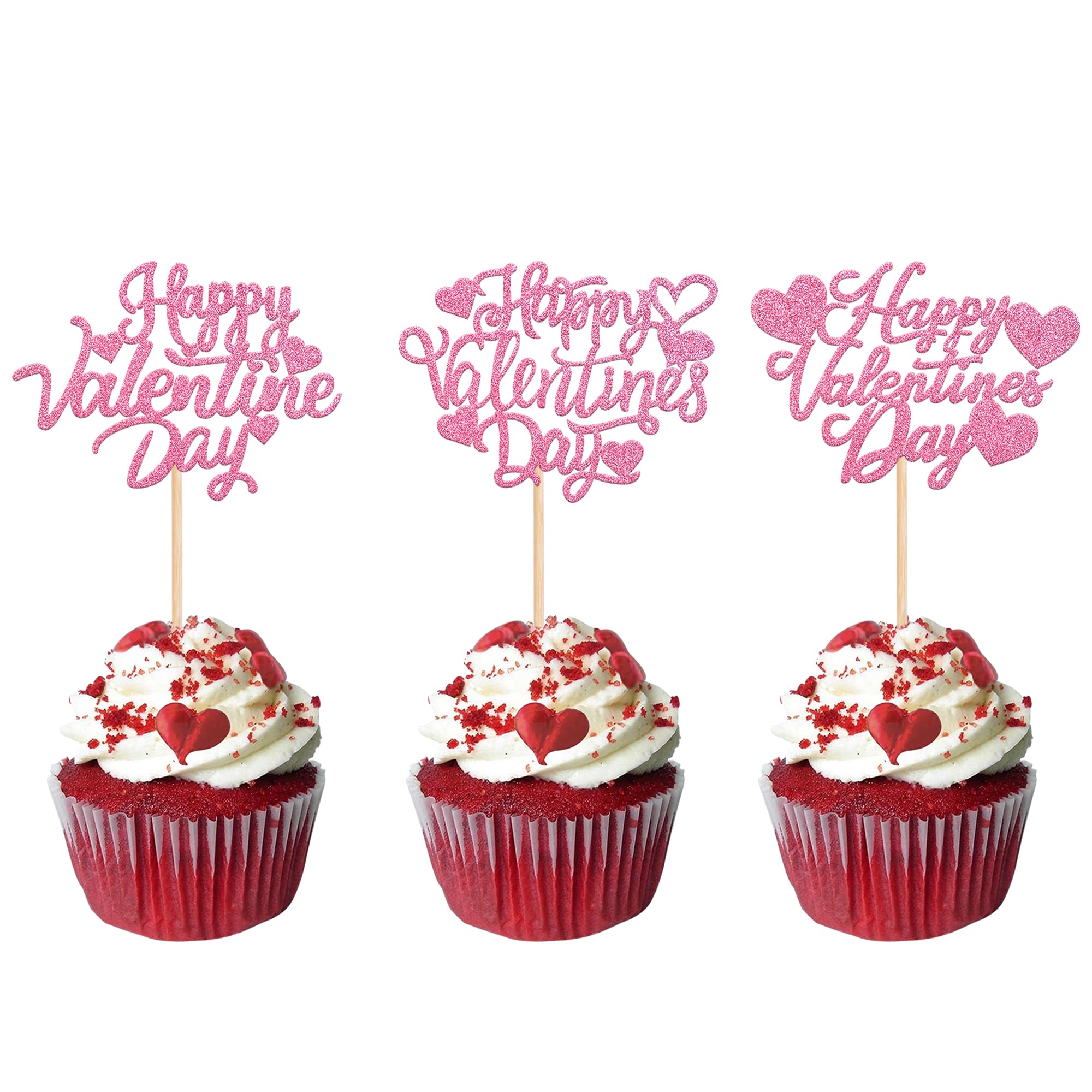 Xsstarmi 30 Pack Happy Valentine's Day Cupcake Toppers Glitter Sweet Love Heart Cupcake Picks Decoration for Valentine's Day Theme Wedding Engagement Party Cake Decorations Supplies Pink