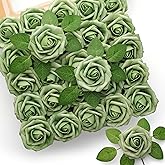 Mocoosy 50Pcs Rose Artificial Flowers, Sage Green Fake Roses for Decorations, Real Touch Elf Green Foam Roses with Stems DIY Wedding Bouquet Bridal Shower Centerpieces Floral Arrangements Home Decor
