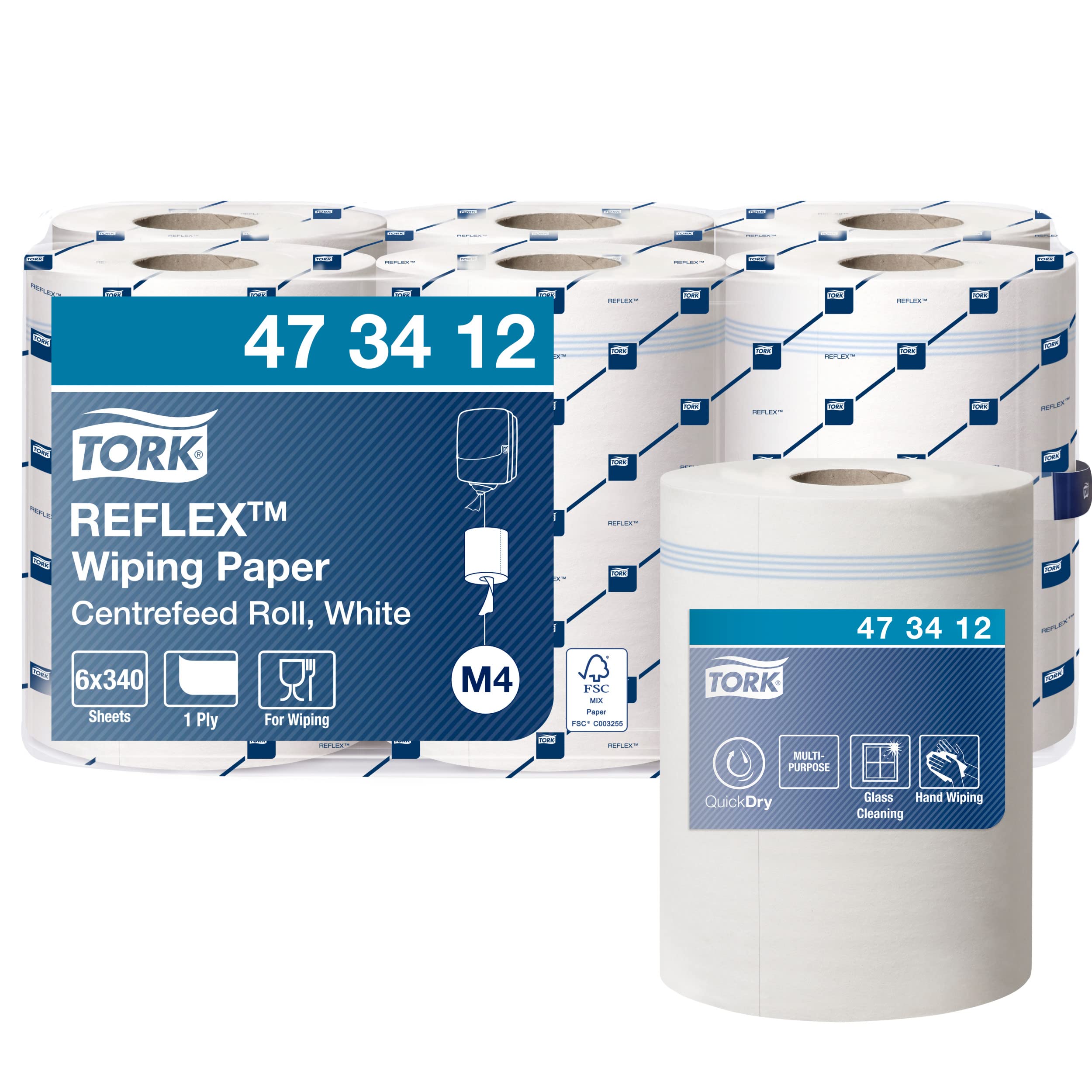 Tork 473412 Reflex Wiping Paper / 2 Ply Absorbent QuickDry Paper Roll Suitable for Tork M4 Reflex Centrefeed System / White / 6 x 113.9m / Ø 19cm