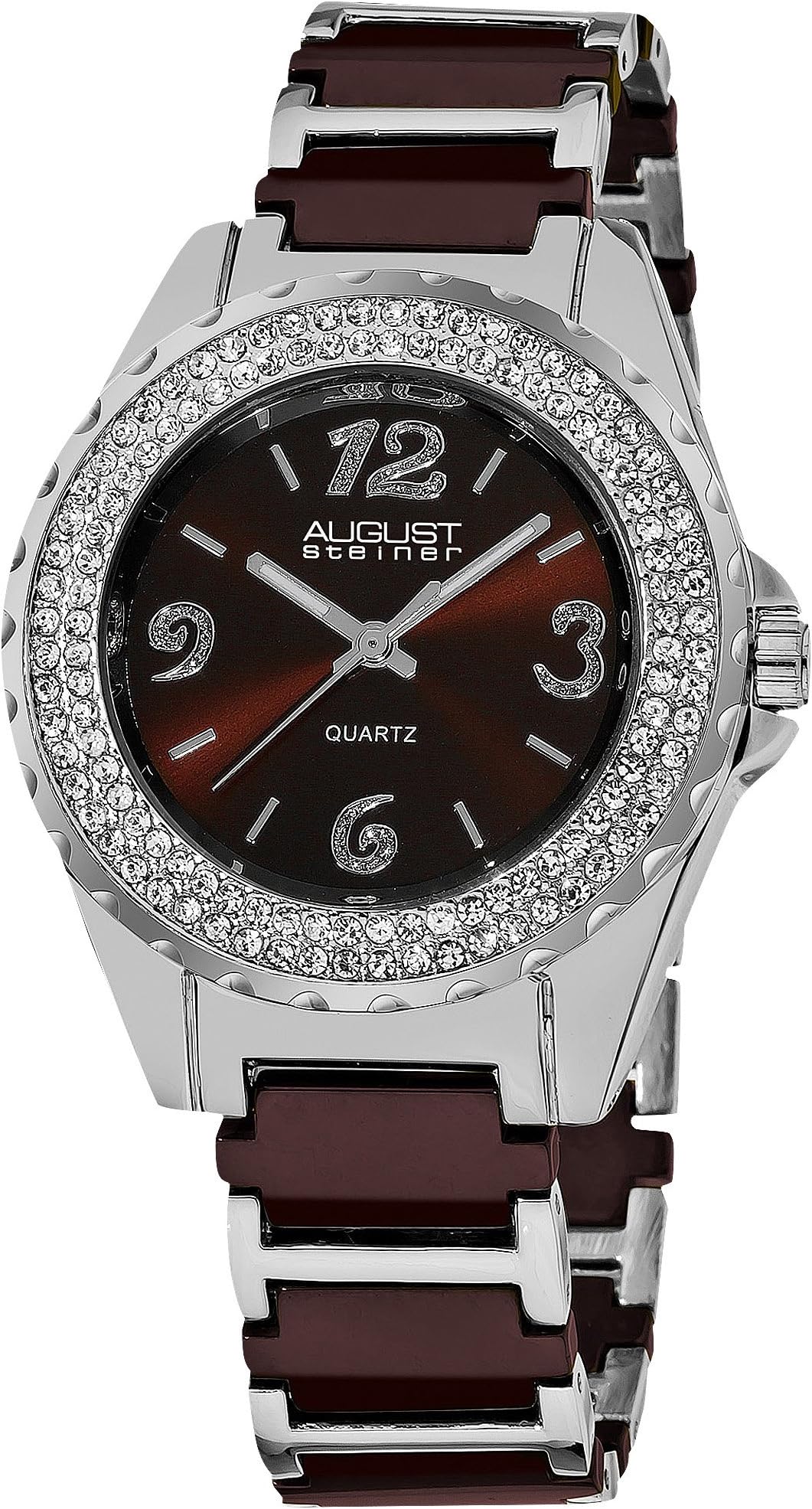 August Steiner Women's Crystal Accented Watch - Two Rows Genuine Crystals On Bezel On Ceramic Bracelet Watch - AS8036