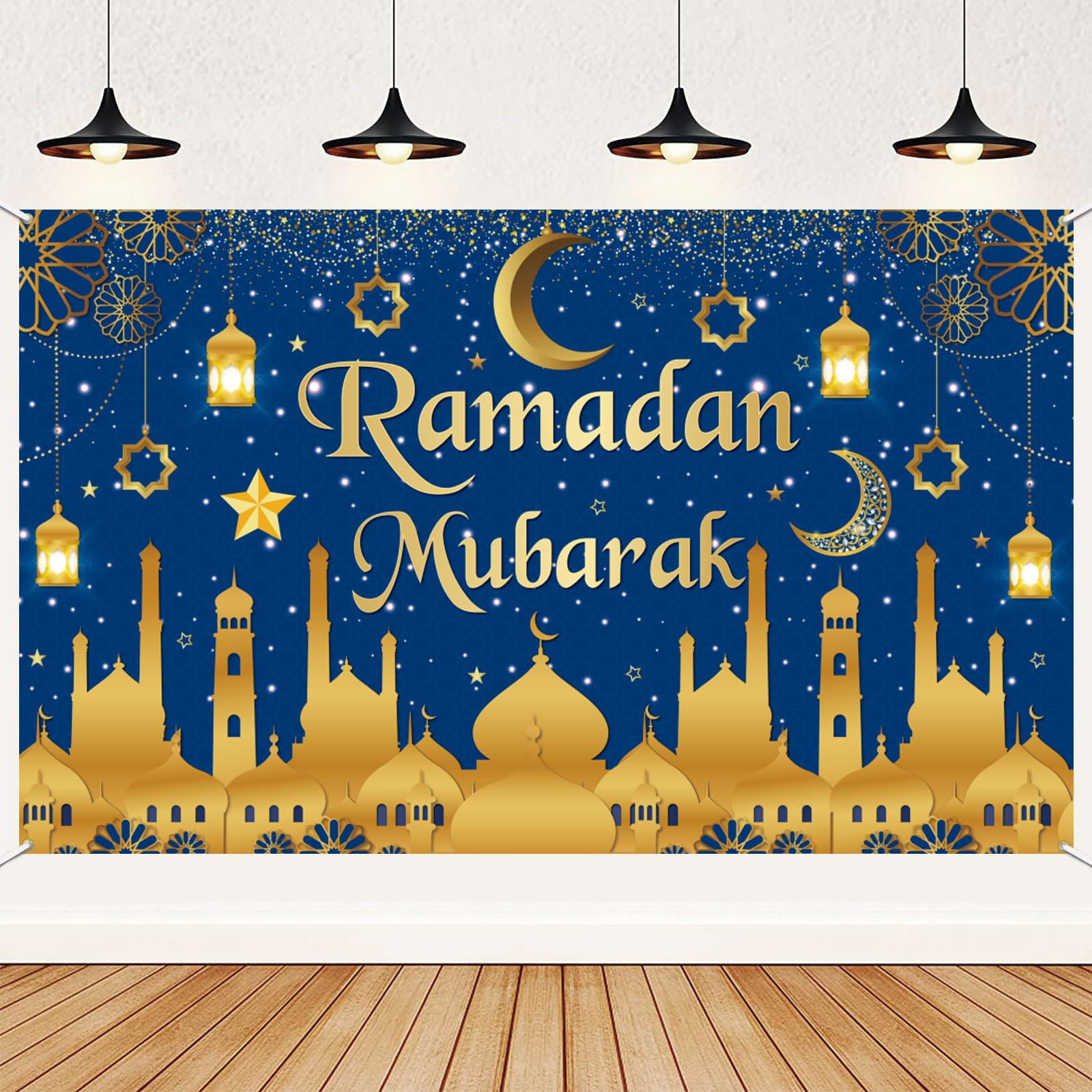 Ramadan Decorations for Home Banner Ramadan Mubarak Banner Blue Ramadan Decorations Banner Backdrop Eid Mubarak Banner for Ramadan Kareem Party Decoration Supplies 180×110cm