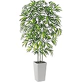 FSOHOI Artificial Bamboo Tree 5FT Tall Fake Plants Faux Bamboo Plant with White Tall Planter, Artificial Fake Trees Silk Plant with 3 Trunks and Lifelike Leaves for Home Office Indoor Outdoor Decor