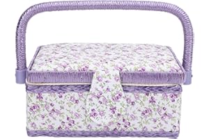 Portable Sewing Basket, Elegant Stylish Floral Fabric Double Layer Sewing Kit Storage Box with Built in Needle Pad, Mini Pock