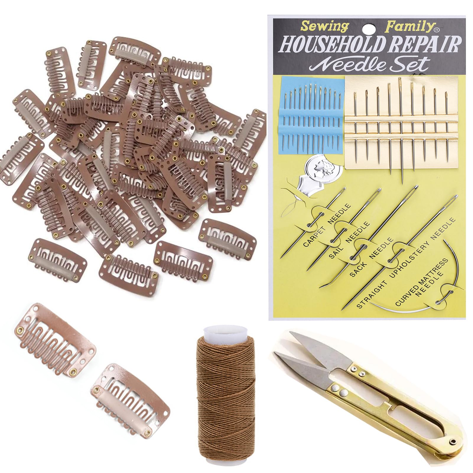 Wig Clips with Soft Rubber 32mm U-Shape Snap Comb Clips Hair Wig Needles Thread Scissors Set for wig hair extensions (Light Brown, 32MM)