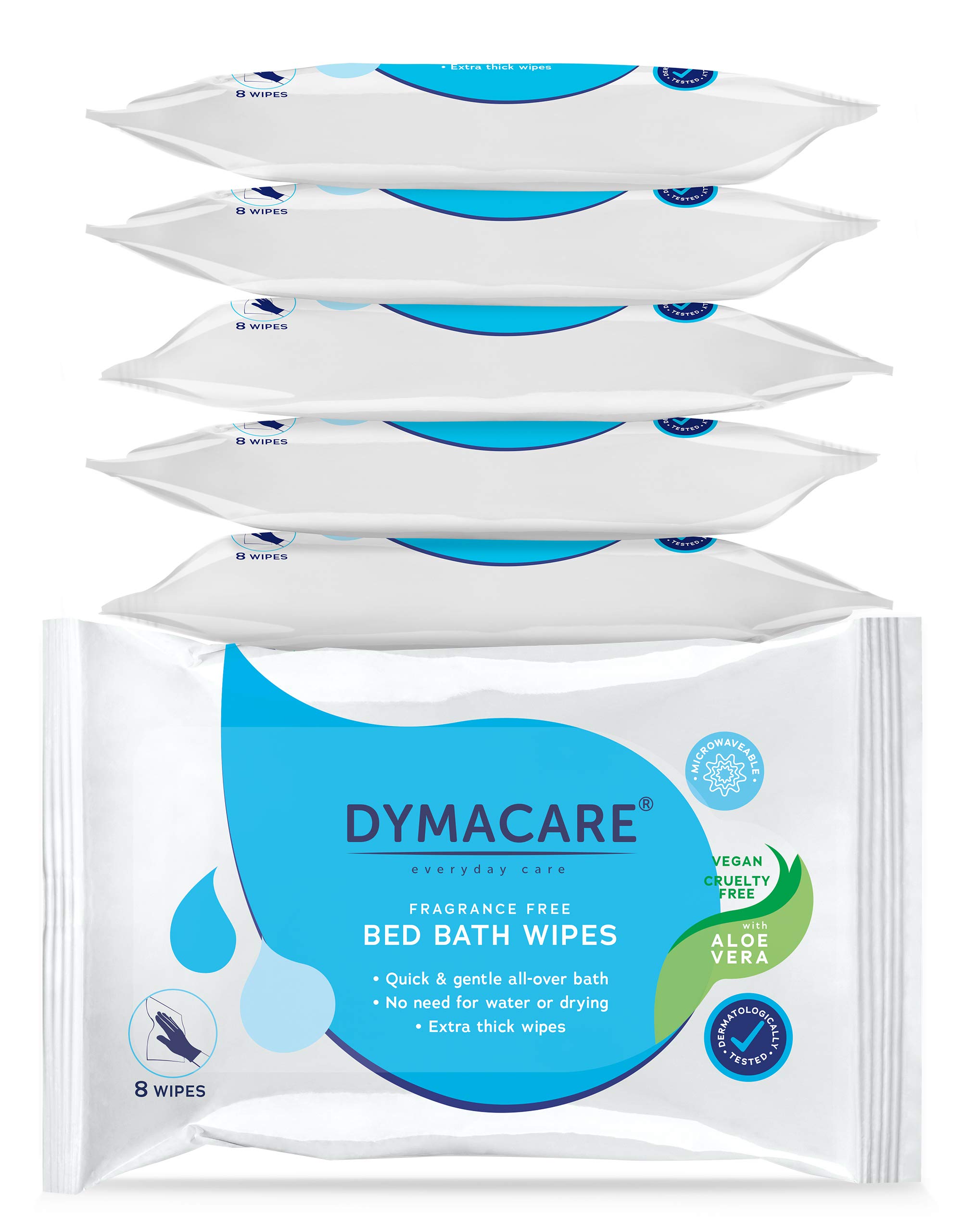 DYMACARE Unfragranced Bed Bath Wipes | Premium Unscented Skin Cleansing Shower Wipes for Adults and Elderly | No Water Microwaveable Body Wet Wipes with Aloe Vera | 6 Packs (48 Wipes in Total)
