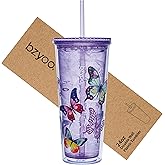 bzyoo SIP 24oz (710ml) Double Wall Plastic Tumbler with Lid and Straw Cold Drink Travel Mug Reusable Party Cup Perfect for Ice Coffee, Tea Office Poolside Parties Gifts Color: Butterfly Purple