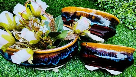 Niyara Ceramic Bonsai Pots Planters - Shiny Brown, Large - 11 X 8.5 X 6 Inches, Set Of 3