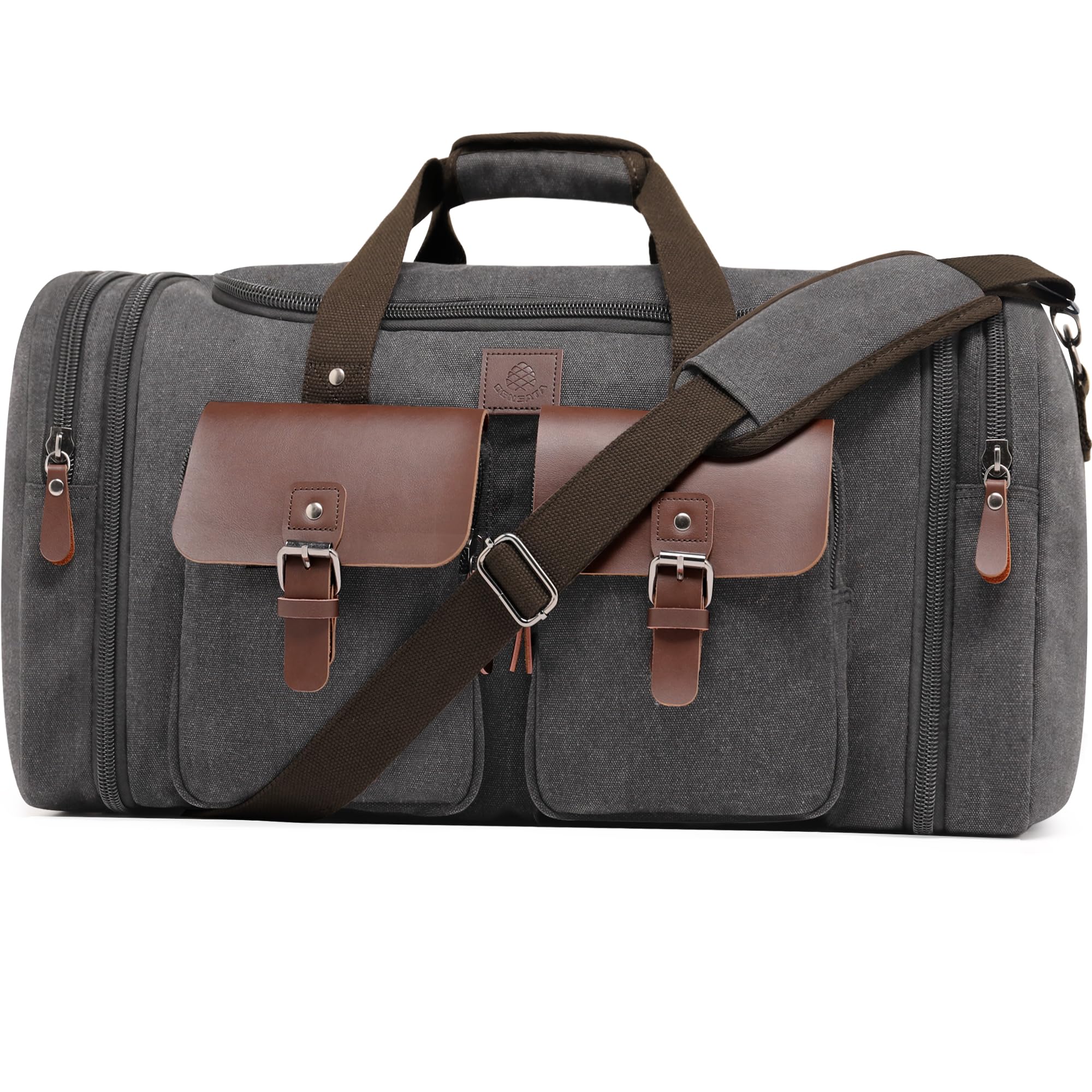 Photo 1 of Densata Canvas Duffle Bag for Men 60L Travel Duffel Bags Expandable Genuine Leather Duffel Overnight Weekender Carry On Bag Two Zipper Pockets Travel Bag (Grey, X Large-60L)