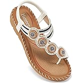 HARENCE Flat Sandals for Women Dressy: Comfortable Summer Flats Shoes Elastic Ankle Strap Bohemian Beaded Sandal
