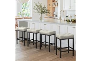 LUE BONA Counter Height Bar Stools, 24 Inch Saddle Backless Bar Stools Set of 4 for Kitchen Counter, Faux Leather Counter Stools with Black Metal Legs, Modern Kitchen Island stools, Light Beige Gray