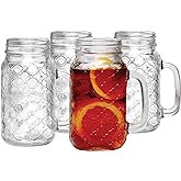AmalgamNation Sets of 4 Mason Jar 24oz Mugs with Glass Handles,