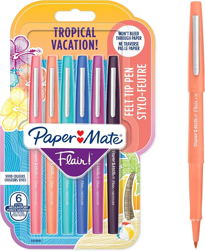 Marcador Flair, ponta média de 1,1 mm, cores tropicais, pack de 6