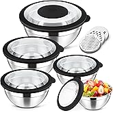 Herogo 5-Piece Mixing Bowls with Visible Lids, 3 Grater Attachments, Stainless Steel Salad Serving Bowls for Kitchen, 4.6/3.5/2.5/2/1.5 QT Ideal for Prepping & Cooking, Black