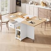 Folding Dining Table for Small Spaces with Storage, Drop Leaf Kitchen Table | Foldable Kitchen Table with Drawer for 2 4, 2-Tier Storage Shelf &amp; Wheels,, (Natural 47.2" x 23.6" x 29.5")
