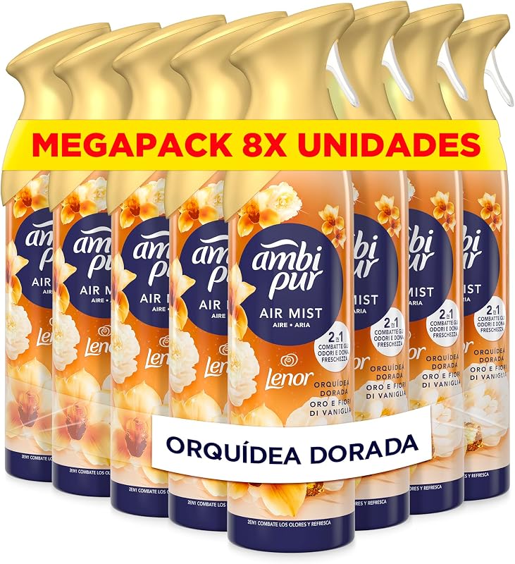 Ambipur golden orchid air freshener spray 185ml x 8, com fragrância duas vezes mais duradoura que elimina odores e deixa um aroma fresco e leve — foto 1 de 8