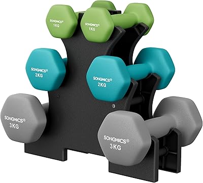 SONGMICS Hantel-Set, 3 Paar, 1kg-3kg，9kg oder 12kg, Aufbewahrung, Fitnessstudio, Krafttraining, rutschfeste Neopren-Beschichtung