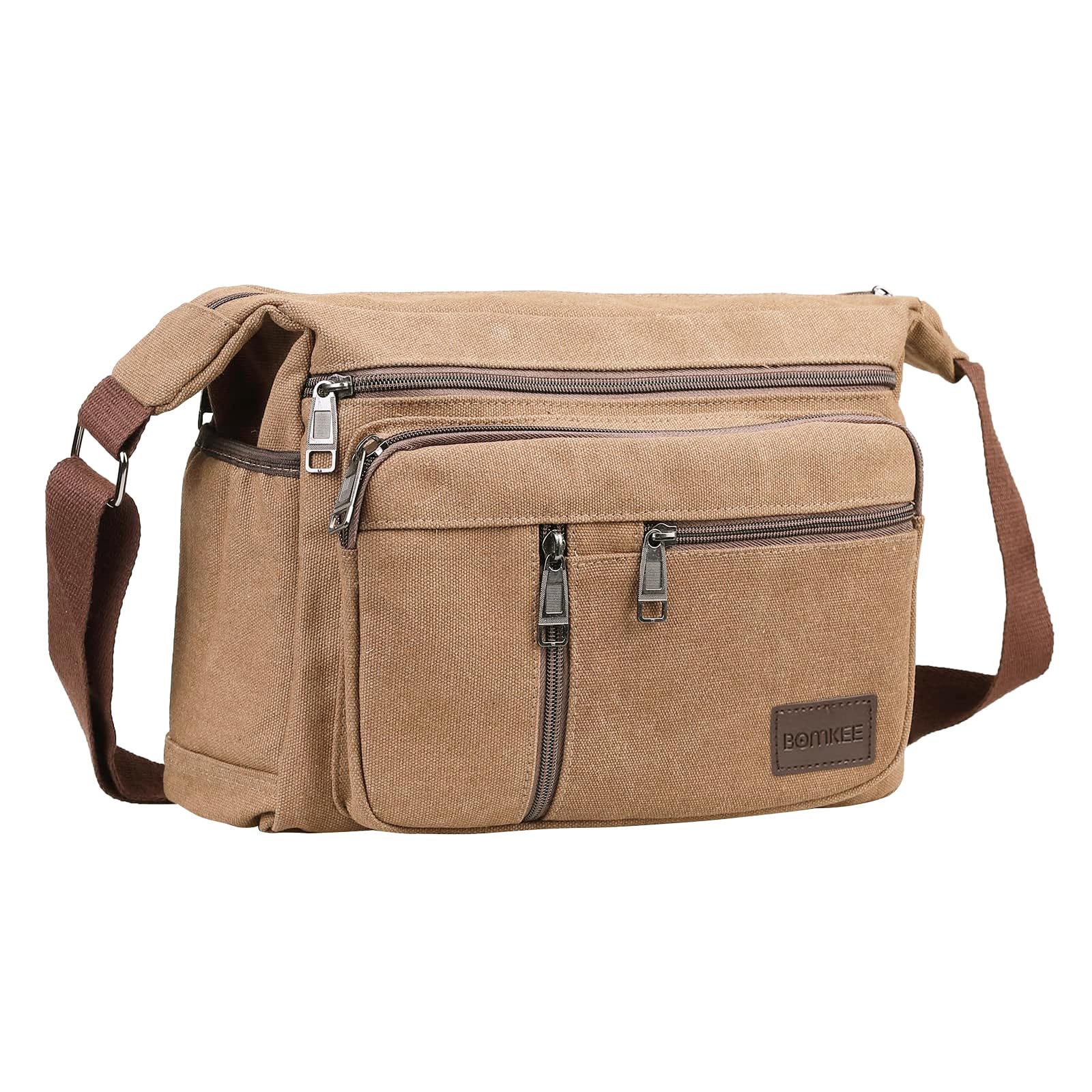 BOMKEE Messenger Bags for Men, Shoulder Bags Water Resistant Canvas Crossbody Bag, Women Multi Pocket Casual Travel Bag for Shopping School Fishing Camping Hiking Daily Use(Coffee)