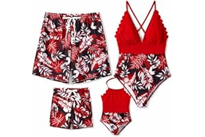 PATPAT Mommy and Me Matching Swimsuit One Piece Leaves Printed V Neck Bathing Suits Family Swimwear Matching Set