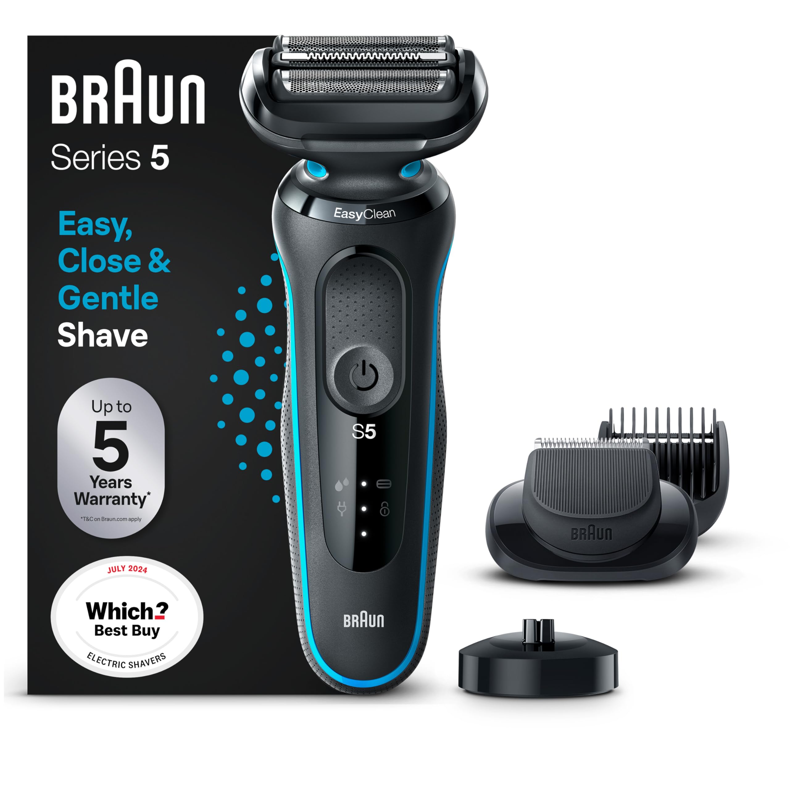 Braun Series 5 Electric Shaver, with Beard Trimmer, Charging Stand, Wet & Dry, 100% Waterproof, Easy Clean System, 2 Pin Bathroom Plug, 50-M4500cs, Mint Razor