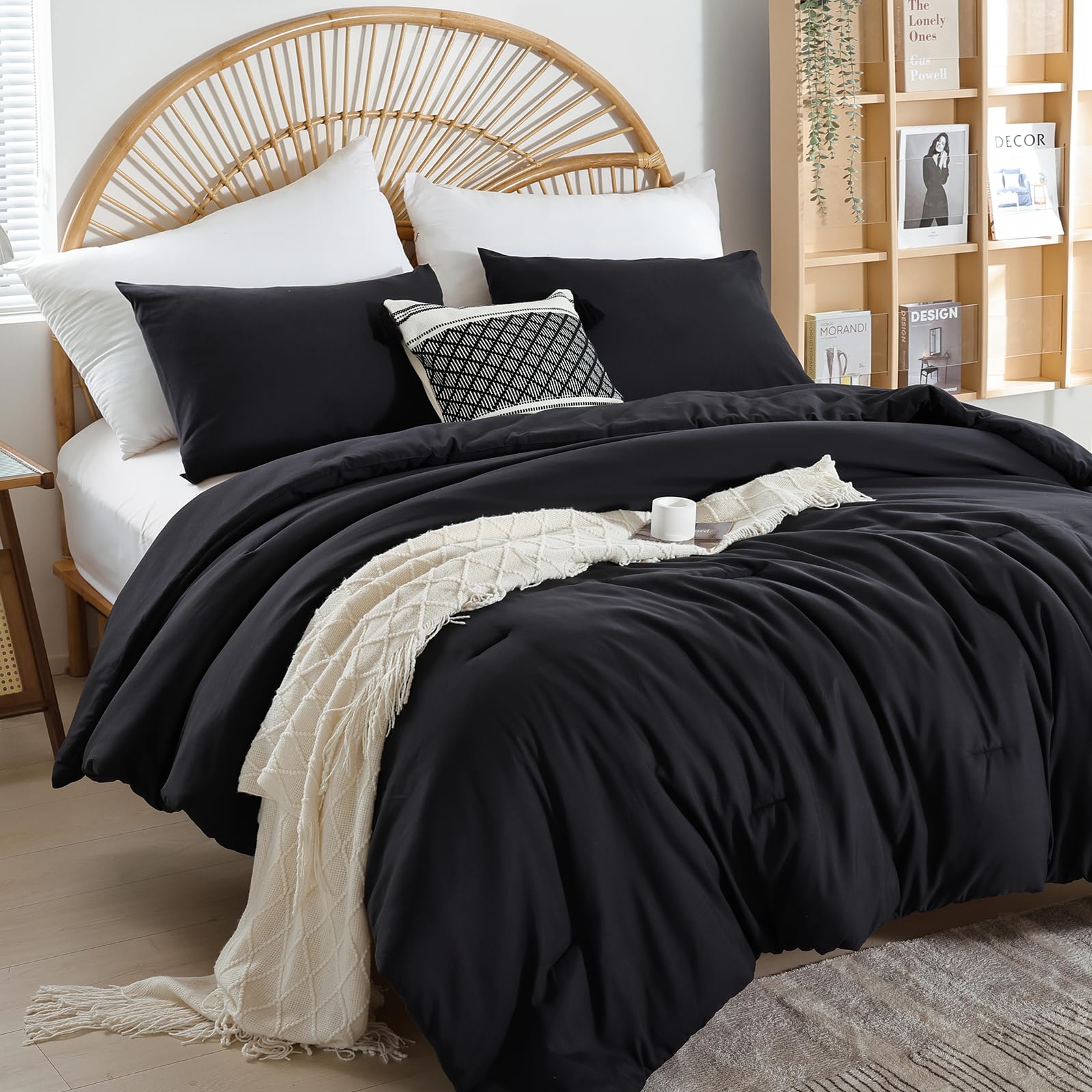 weigelia Full Size Comforter Sets Modern 3PCS Microfiber Black Comforter Full for All Season Comforter for Men, Women Boho Solid Soft Lightweight Bed Comforter Set Image