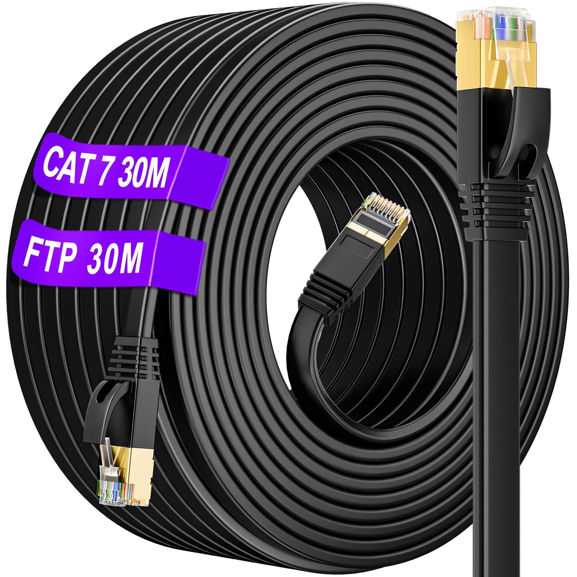 Outdoor Ethernet Cable 30m Cat 7, Long Ethernet Internet Cable 30m Indoor Waterproof Anti-Interference Cat7 High Speed Lan Network Cable 30 meter Flat - Pure Copper, SSTP with 30 Free Clips - Black — image 1
