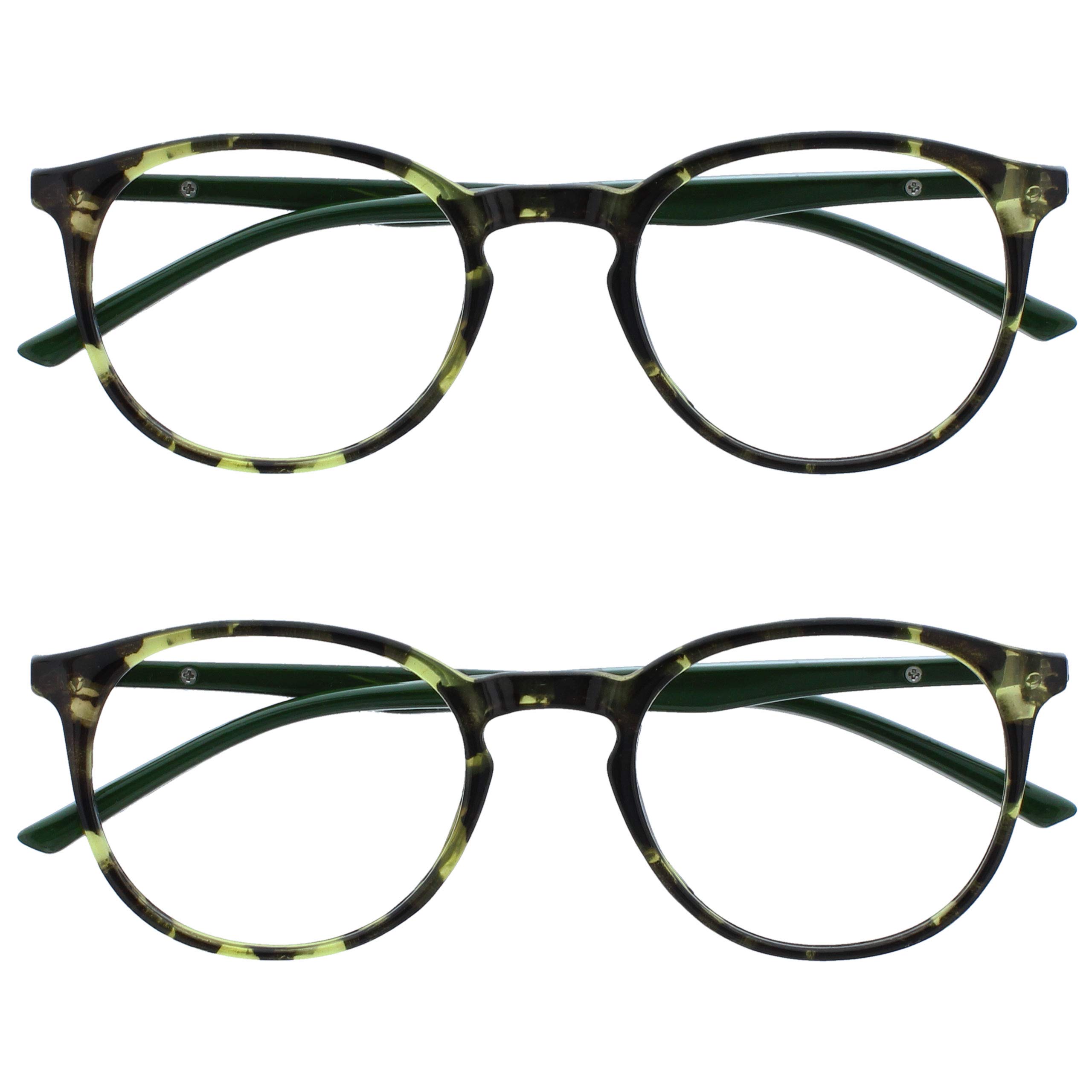 OPULIZE MET Reading Glasses for Women Men, Slim Round Frame with Spring Hinges and Scratch Resistant, Green +2 (Pack of 2)