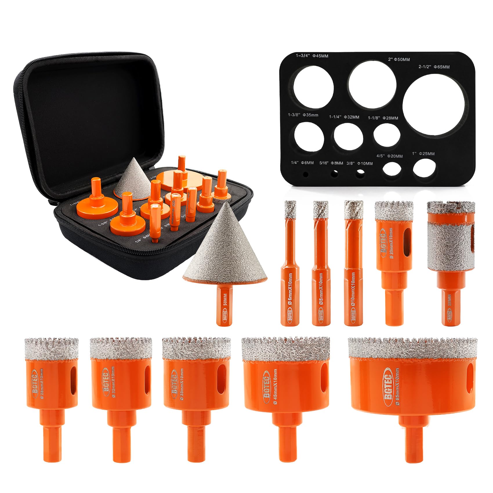 BGTEC Diamond Core Drill Bit Kit, Triangle Shank 9pcs 6/8/10/20/28/32/35/45/65mm Drill Bits, 1pc 25mm Drilling Finger Bit, 1pc 2"Hex Shank Chamfer Bit, 111pcs