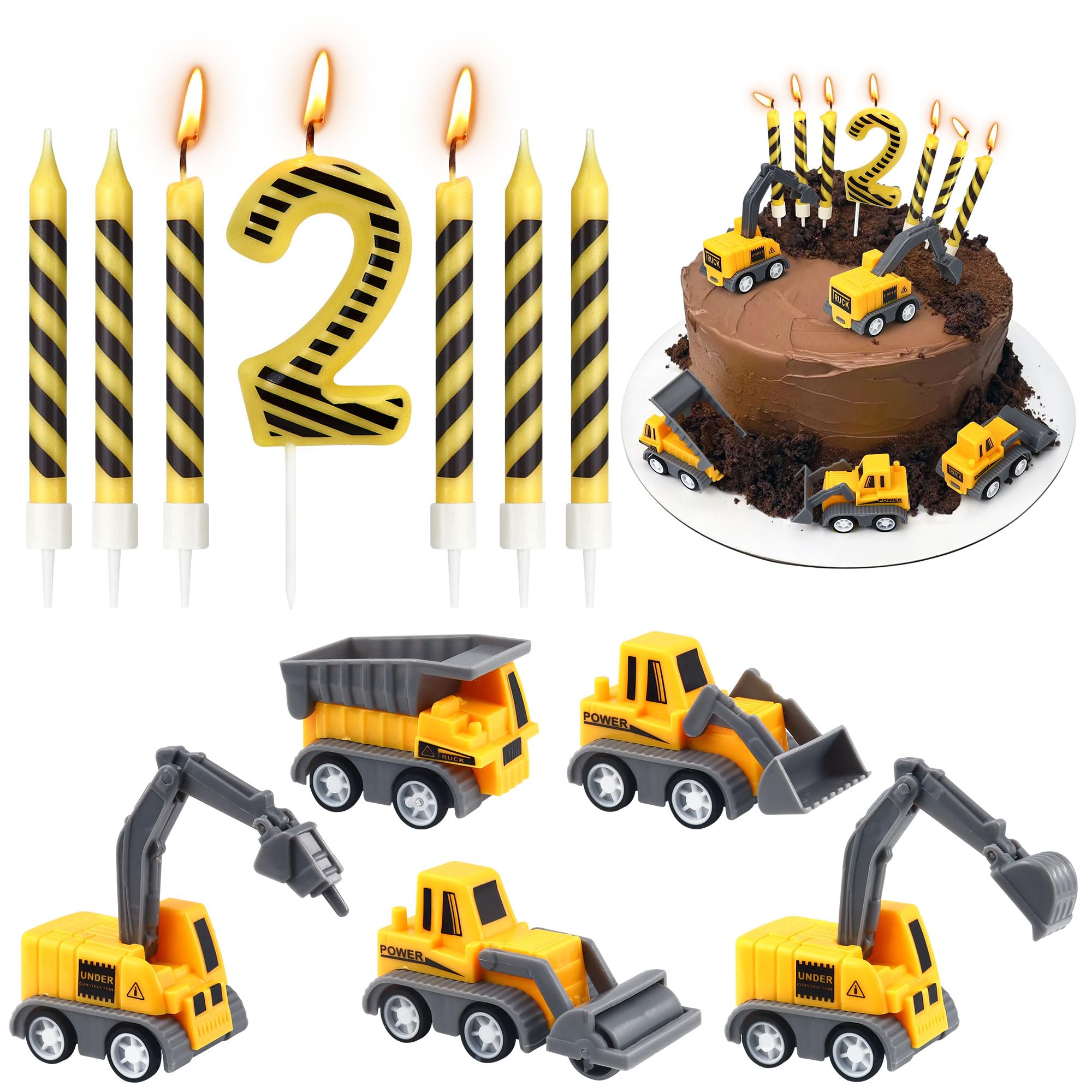 Construction Birthday Candles, 12 Pcs Construction Vehicles Cake Toppers Set with Number 2 Candle and Black Stripes Candles Cake Topper for Birthday Anniversary Party Cake Decorations — image 1