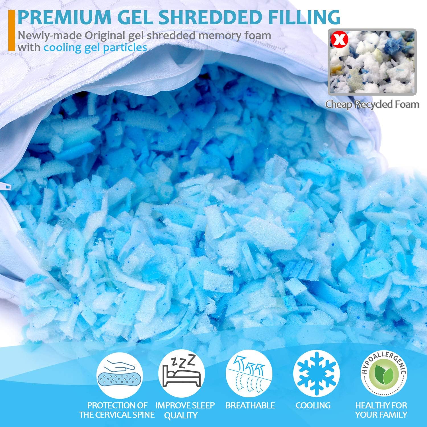 2-Pack Cooling Bed Pillows for Sleeping - Adjustable Gel Shredded Memory Foam Pillow - Hypoallergenic Bamboo Pillows for Side Back Sleepers + Washable Removable Cover Queen Size: Home & Kitchen