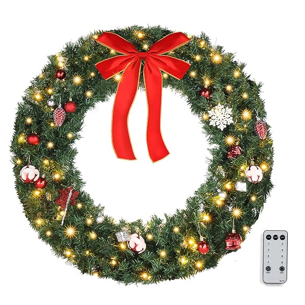 VINGLI PRE-LIT ARTIFICIAL CHRISTMAS WREATH FOR FRONT DOOR, WINDOWS, GREEN CHRISTMAS WREATH DECORATIONS WITH FORESTED BRANCHES, XMAS WREATH W/BOW, PINE CONES, ORNAMENTS, REMOTE CONTROL, TIMER, 36 INCH