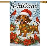 BlissYard Merry Christmas House Flag Dachshund Dog Welcome Garden Flag 28x40 Inch Double Sided Decorative Holiday Banner for Outdoor Yard Winter House Seasonal Christmas Decor