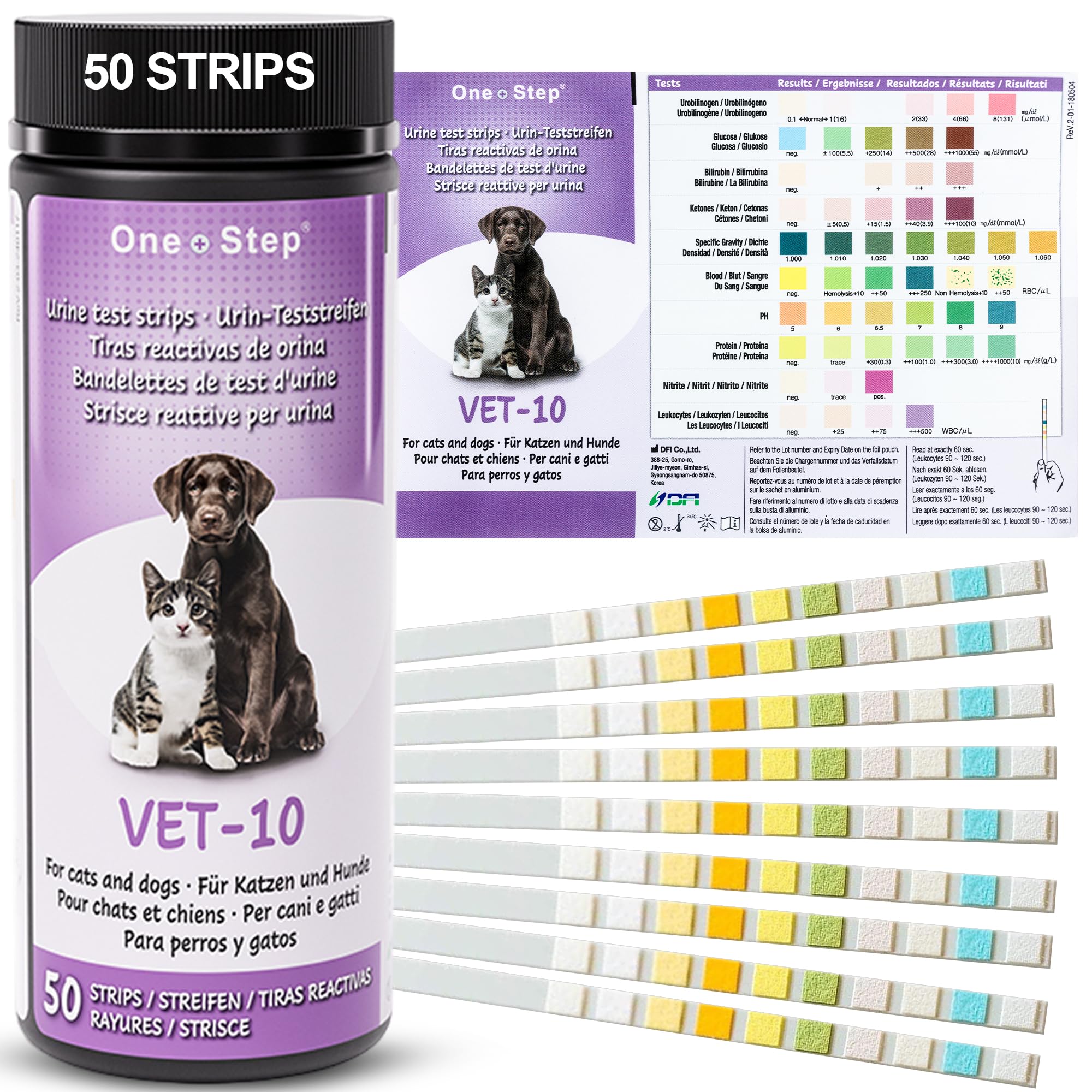 One Step Pet Urine Testing Strips, 50 x Urinalysis Parameter Tests for Dogs, Cats, Vets, Accurate Testing for Veterinarians, Detects UTI, Diabetes, Bladder, Kidney, Liver, SG, pH, Glucose