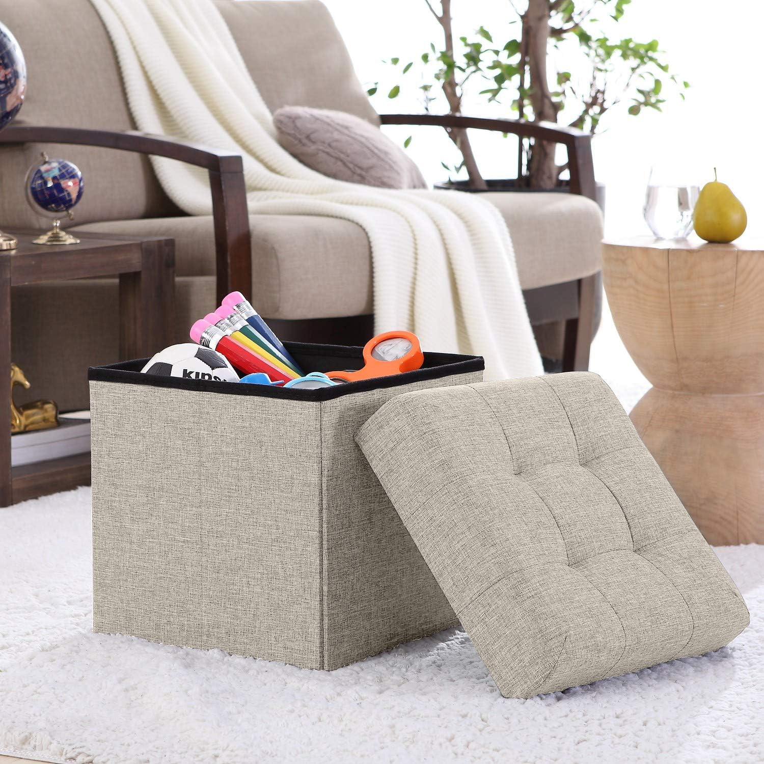 Ornavo Home Foldable Tufted Linen Storage Ottoman Square Cube Foot Rest Stool/Seat - 15" x 15" x 15" (Beige): Furniture & Decor