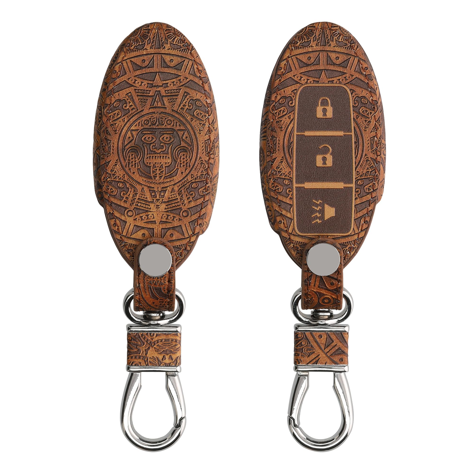 kwmobile Key Cover Compatible with Nissan 3 Button Car Key - Faux Leather - Mayan Calendar Brown/Light Brown