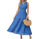 Simlakey Women 2025 Summer Maxi Dress Casual V Neck Sundress Sleeveless Hollow Out Eyelet a Line Long Flowy Beach Vacation
