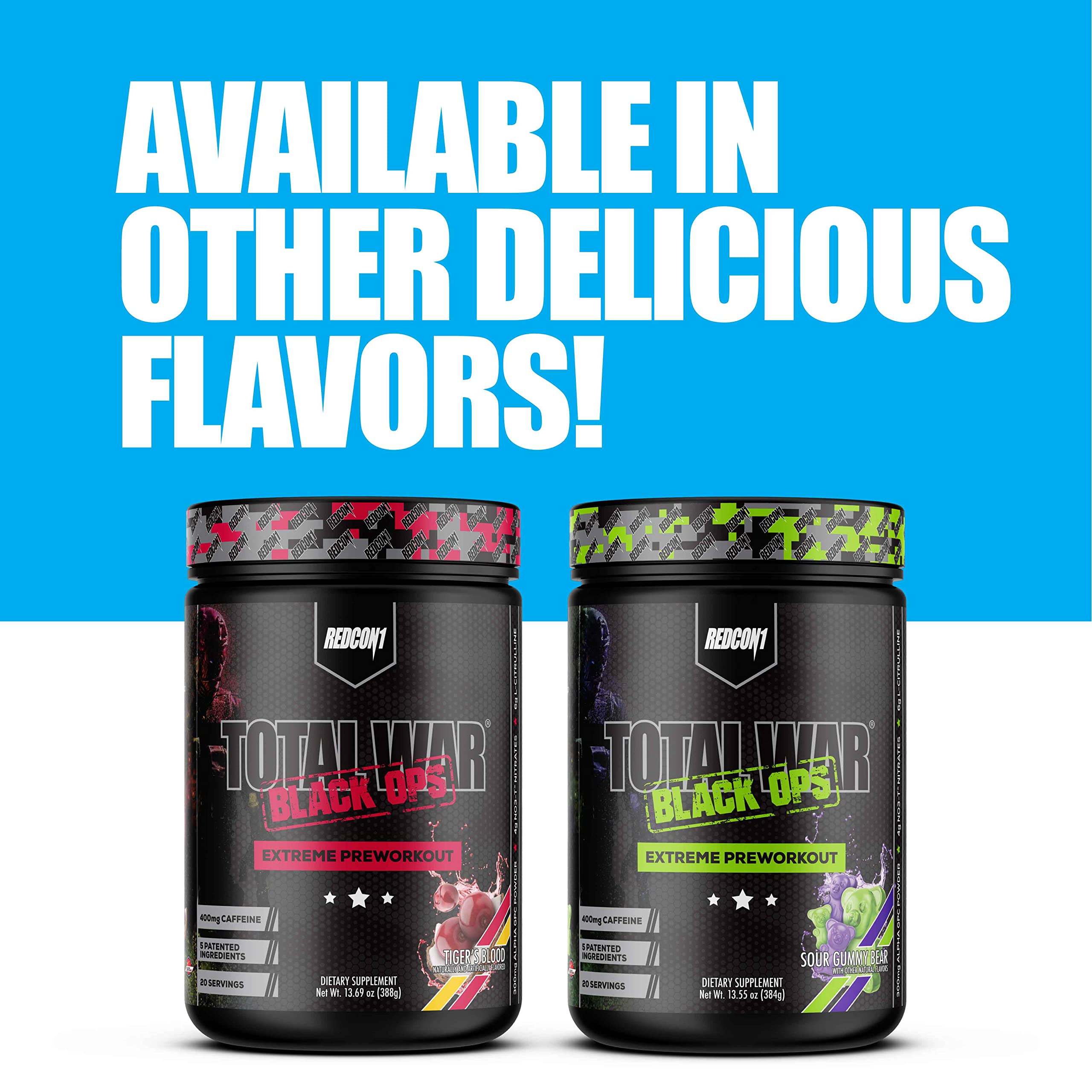 REDCON1 Total War Black Ops Extreme Preworkout Powder, Blue Lemonade, High Stimulant, 400 mg Caffeine, NO3-T Nitrates + L-Citrulline, Increase Blood Flow, Muscle Pumps (20 Servings)